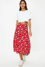 Trendyol Red Floral Pattern Viscose Fabric Midi Woven Skirt