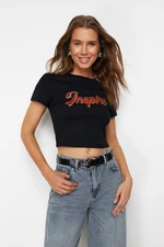 Trendyol Black 100% Cotton Motto Printed Fitted Crop Knitted T-Shirt