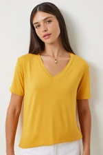 Happiness İstanbul Women's Yellow V-Neck Basic Viscose Knitted T-Shirt