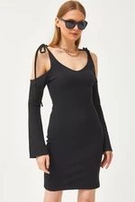 Olalook Women's Black Strap Tied Spanish Sleeve Waffle Dress