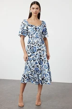 Trendyol Blue Floral Patterned A-Line Balloon Sleeve Floral Patterned Midi Woven Dress