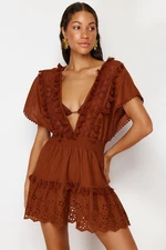 Trendyol Brown Mini Woven Embroidery Detailed 100% Cotton Beach Dress