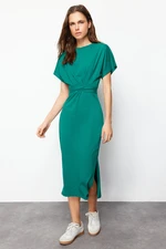 Trendyol Emerald Green 100% Cotton Waist Slit and Tie Detailed Midi Knitted Pencil Dress