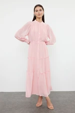 Trendyol Lined Chiffon Woven Shirt Dress with Dusty Rose Sleeves and Waist Gipe Detail