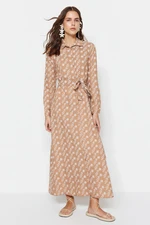 Trendyol Camel Belted Floral Pattern Woven Shirt Dress