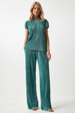 Happiness İstanbul Women's Vibrant Green Pleated Casual Blouse Trousers Set