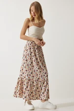 Happiness İstanbul Women's Cream Floral Flounce Viscose Skirt