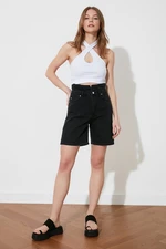 Trendyol Black High Waist Denim Shorts with Pleated Waist