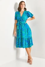 Bianco Lucci Women's Multi Patterned Belted Dress with Elastic Sleeves.