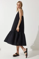 Happiness İstanbul Women's Black Strap Summer Loose Muslin Dress