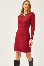 Olalook Women's Burgundy Cuff and Skirt Button Detailed Raised Mini Dress