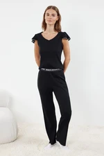 Trendyol Black 100% Cotton Baby Overlock and Printed Elastic Detailed Ribbed Knitted Pajama Set