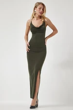 Happiness İstanbul Women's Khaki Cross Rope Strappy Slit Sandy Dress