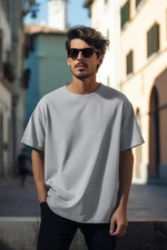 Trendyol Grey Pánske basic 100% bavlnené crew krk oversized/široký strih, tričko s krátkym rukávom