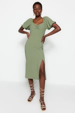 Trendyol Khaki Fitted Midi Woven Slit Back Detail Woven Dress