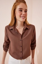 Happiness İstanbul Women's Brown Linen Blend Shirt