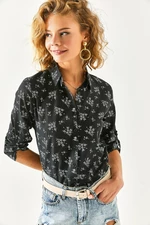 Olalook Women's Black Floral Sleeve Fold Linen Shirt