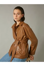 Koton Women's Tan Belted Faux Leather Jacket