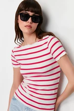 Trendyol Fuchsia Striped Boat Rock Short Sleeve Regular/Normal Cut Ribbed Stretch Knitted Blouse