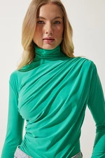 Happiness İstanbul Women's Light Green Gathered Detailed High Neck Sandy Blouse