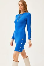 Olalook Women's Saxe Blue Cuff and Skirt Button Detailed Raised Mini Dress