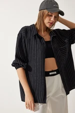 Happiness İstanbul Women's Black Striped Pocket Viscose Shirt