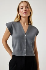 Happiness İstanbul Women's Gray Buttoned Short Knitwear Vest