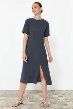 Trendyol Anthracite Straight Cut Gather Detailed Midi Woven Dress