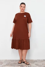 Trendyol Curve Brown Jersey 100% Cotton Knitted Plus Size Dress