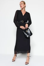 Trendyol Black Belted A-Line Pleated Maxi Lined Chiffon Woven Dress