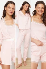 Trendyol Pink 5-Pack Belted Ribbon/Bow Detail Corded Knitted Dressing Gown Pajama Set