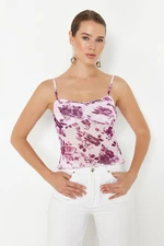 Trendyol Pink Floral Printed Adjustable Straps Special Textured Strappy Flexible Knitted Blouse