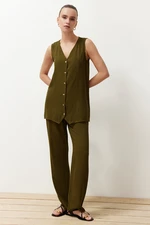 Trendyol Khaki Buttoned V-Neck Wide Cut Vest Trousers Woven Bottom-Top Suit