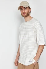 Trendyol Ecru Oversize/Wide Cut Striped Labeled Short Sleeve Textured T-Shirt