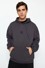 Trendyol Anthracite Regular/Normal Cut Hooded Sweatshirt with Fleece Inside and Wolf Embroidery