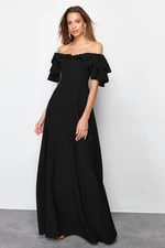 Trendyol Black A-Cut Flounce Woven Long Evening Dress