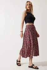Happiness İstanbul Women's Red Black Floral Slit Summer Viscose Skirt