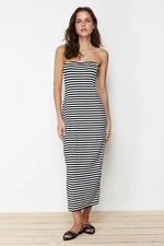 Trendyol Black Striped Strapless Fitted Flexible Maxi Knitted Pencil Dress