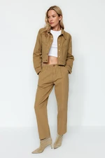 Trendyol Camel Pleated Brown High Waist Straight Jeans