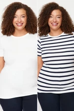 Trendyol Curve White-Navy Blue Striped 2 Pack Viscose Stretchy Knitted Blouse