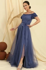 By Saygı Frilly Belted Collar And Sleeves Lined Long Tulle Dress