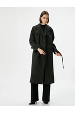 Koton Trench Coat Midi Length Double Breasted Collar Buttoned Pocket Belted