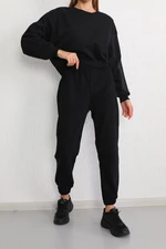 BİKELİFE Women's Black Three Thread Raised Oversize Crop Tracksuit