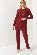 Olalook Women's Burgundy Top Slit Blouse Bottom Palazzo Ribbed Suit