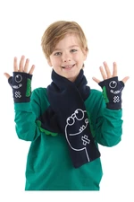 Denokids Crisp Dinosaur Navy Blue Fleece Scarf Fingerless Gloves Set