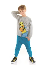 Denokids Bone Dog Boys' Gray T-shirts and Blue Pants Set with Pockets.