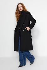 Trendyol čierny oversize široký strih pásaný dlhý razený kabát