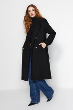 Trendyol Black Oversize széles szabású, öves, hosszú bélyegzett kabát