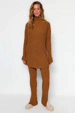 Trendyol Brown Corduroy Trousers Slit Detailed Knitwear Bottom-Top Set