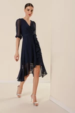 By Saygı Double Breasted Collar Skirt Flounced Waist Belted Lined Balloon Sleeve Wide Size Chiffon Dress